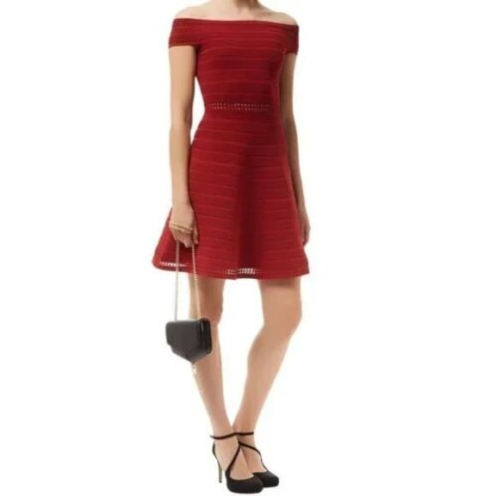 Sandro Rib Knit Dress Off the Shoulder Masha Fit Flare Crochet Burgundy Wine S